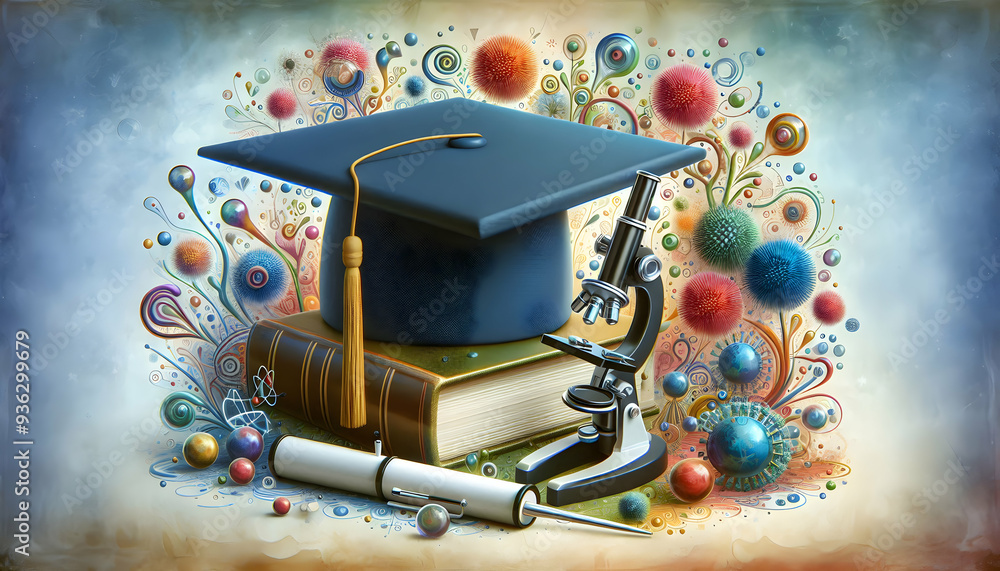 Aufkleber exciting graduation cap with microscope and science book on whimsical background symbolizing scienti