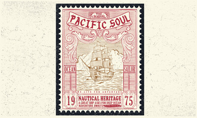 Obraz premium Pacific soul. Sailboat in the sea, Sea captain. Summer adventure artwork. Navy stamp design. Vintage ship hand sketch for apparel, stickers, posters and background. 