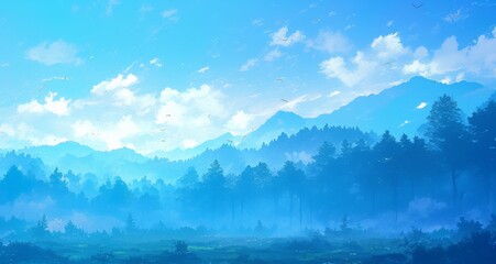 A vast forest landscape, a blue sky, and morning mist create an anime-inspired aesthetic