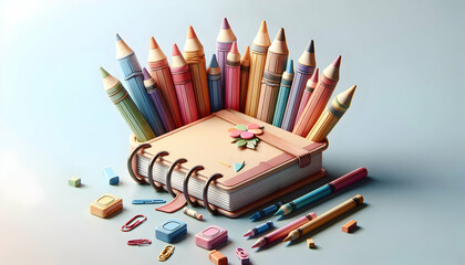 Fototapeta premium Photo Realistic Notebook and Crayons Concept: Icon of Notebook and Crayons on Clean Background, Space for TextGraphics Creativity, Joy of Learning | Photo Stock