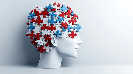 Human head profile with puzzle pieces, representing mental health and wellness, copy space for text,