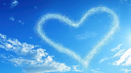   A heart-shaped cloud in the sky with a bright sun at its center
