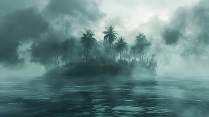 Haunted Pirate Island with Cursed Buried Treasure in Eerie Watercolor Atmosphere