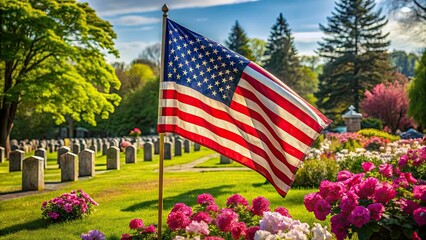 American flag waving in the wind at a serene countryside cemetery on Memorial Day, surrounded by blooming flowers and historic grave markers.