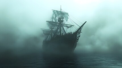 Fototapeta premium Ghostly Pirate Ship Adrift in Eerie Watercolor Fog Landscape