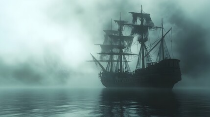 Fototapeta premium Eerie 3D Rendered Abandoned Pirate Ship Shrouded in Haunting Watercolor Fog