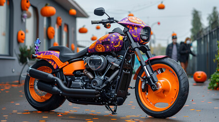 modern motorcycle decorated with Halloween attributes. pumpkins, jack-o-lanterns, bats. horizontal banner