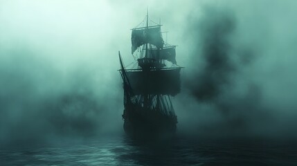 Fototapeta premium Spectral Pirate Ship Emerging from Cursed Fog Shrouded Sea