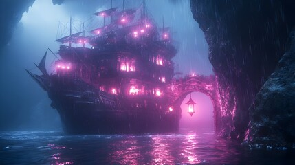 Haunted Pirate Hideout with Glowing Treasure in Eerie Watercolor Mist