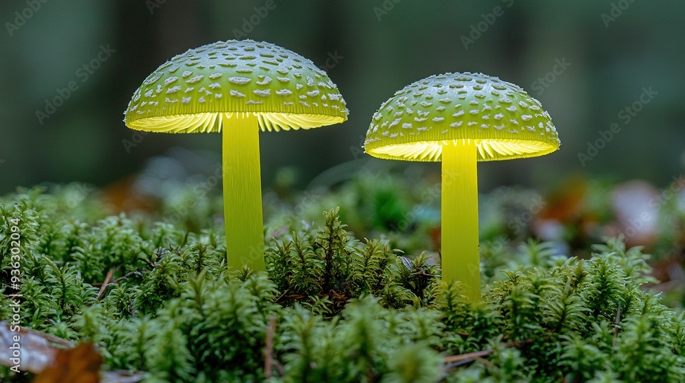 Canvas Prints   A pair of yellow mushrooms rest atop verdant moss in a lush, green forest adorned with numerous small plant species