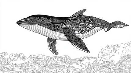 Naklejka premium Outline illustration of a black and white whale for drawing and coloring on white background