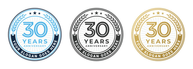 Set of 30 years anniversary logo circle design illustration isolated in blue, black and gold colors