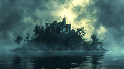 Fototapeta premium Haunted Pirate Island with Cursed Buried Gold and Eerie Mist in Watercolor Style