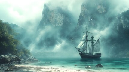 Fototapeta premium Ghostly Pirate Haunting a Deserted Cove with Nearby Lost Treasure in Watercolor Style