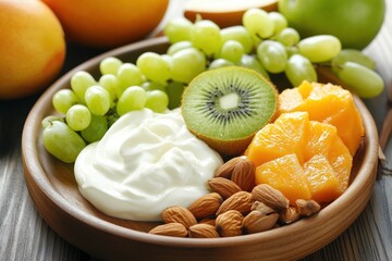 closeup of Greek yogurt, fresh fruit of kiwi, grapes and nuts with copy space.
