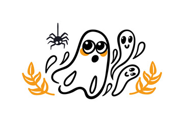 Playful Halloween Ghosts Featuring a Spider and Colorful Leaves for the Autumn Season. Vector illustration for posters, postcards, banners, design elements