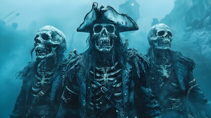 Fototapeta premium Cursed Skeleton Pirate Crew Sailing Eerie Watercolor Moonlit Seas