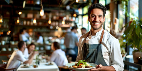 Waiter in a restaurant serving a dish