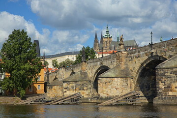 View of Prague Castle and Charles bridge from the river Vltava in Prague, Czech republic, Europe
