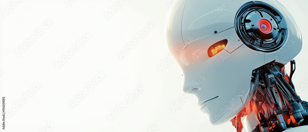 Poster a futuristic robot head with glowing eyes, showcasing advanced technology and innovation in artifici