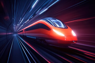 A futuristic train speeding through a vibrant, illuminated tunnel, showcasing advanced technology and dynamic motion.