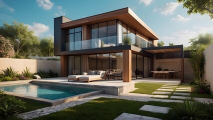 Architectural exterior design of lush green backyard of a palace with a crystal clear swimming pool filled with water of a house