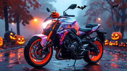 modern motorcycle decorated with Halloween attributes. pumpkins, jack-o-lanterns, bats. horizontal banner