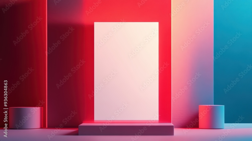 Poster a minimalistic display with a blank canvas on a podium, surrounded by vibrant colored walls and soft
