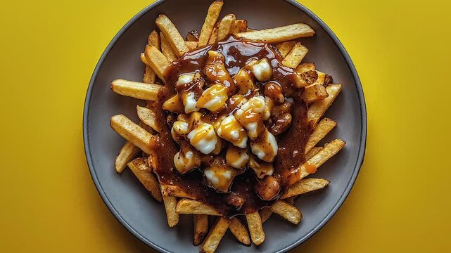 Delicious Poutine with Fries, Cheese Curds, and Gravy on Plate