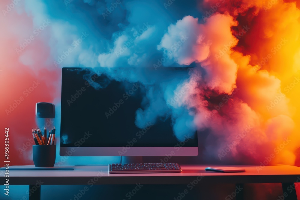 Poster a modern workspace featuring a computer surrounded by colorful smoke, creating an immersive and arti
