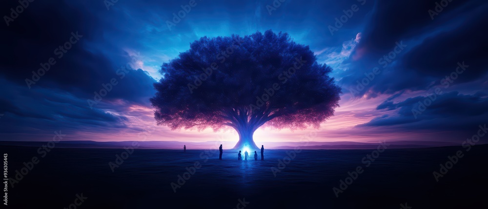 Poster a mystical tree illuminated by ethereal light under a dramatic sky, creating a serene and enchanting