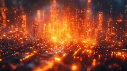 Fototapeta premium Futuristic cityscape illuminated by fiery orange lights, creating a dramatic and captivating urban atmosphere.