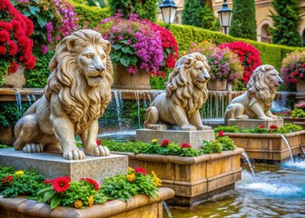stone statues of sitting lions in the garden