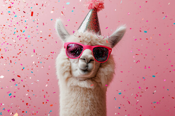 A white llama wearing sunglasses and a pink party hat
