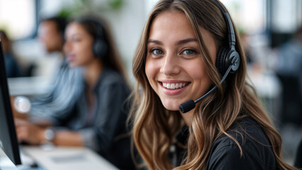 Young woman with long brown hair, wearing a black shirt and headphones, smiling and looking towards the camera in a customer service setting