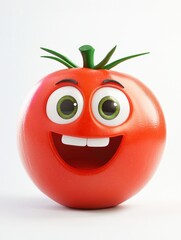 Obraz premium A 3D cartoon tomato with a big smile and big green eyes.