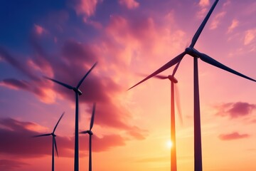 Fototapeta premium A serene landscape featuring wind turbines silhouetted against a vibrant sunset sky filled with colorful clouds.