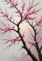 A pink cherry blossom tree and branches with delicate pink flowers blooming against a warm neutral  white background