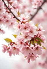 Obraz premium A pink cherry blossom tree and branches with delicate pink flowers blooming against a warm neutral white background
