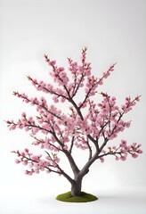 A pink cherry blossom tree and branches with delicate pink flowers blooming against a warm neutral  white background