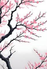 A pink cherry blossom tree and branches with delicate pink flowers blooming against a warm neutral  white background