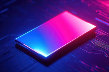 A sleek smartphone with vibrant neon lighting, showcasing modern technology against a digital background.
