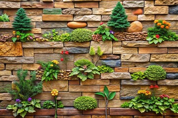  the wall of natural stone with decoration plants