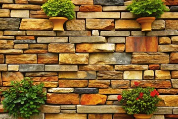 the wall of natural stone with flowerpots and flowers
