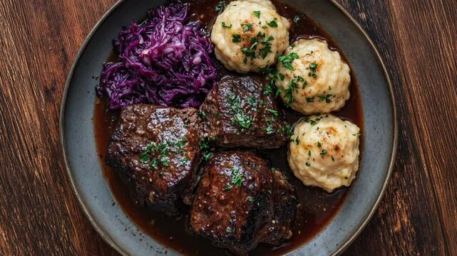 Delicious Sauerbraten with Red Cabbage and Dumplings on Plate