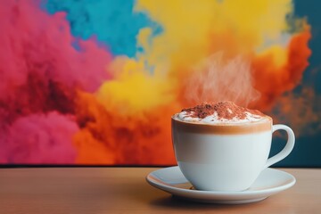 A steaming cup of coffee topped with cocoa powder against a vibrant, colorful background, evoking warmth and creativity.