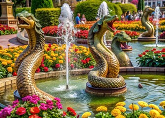 dragon statues with fountains in the garden