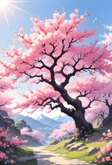 A pink cherry blossom tree and branches with delicate pink flowers blooming against a warm neutral  white background