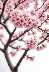 A pink cherry blossom tree and branches with delicate pink flowers blooming against a warm neutral  white background