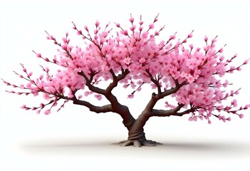 A pink cherry blossom tree and branches with delicate pink flowers blooming against a warm neutral  white background